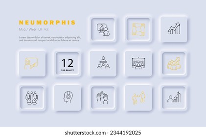 Icono de línea de lluvia de ideas. Flecha, idea conceptual, reflexión, bombilla, apretón de manos, comunicación. Estilo neomorfista. Icono de línea de vector