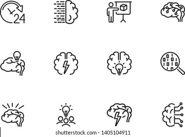 Brainstorming line icon set. Shining bulb, idea, charging. Brain work concept. Can be used for topics like intelligence, genius, IT startup