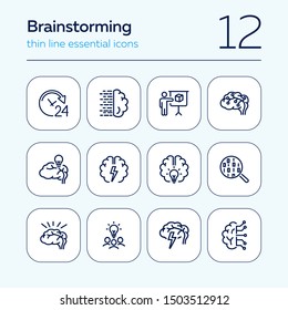 Brainstorming line icon set. Shining bulb, idea, charging. Brain work concept. Can be used for topics like intelligence, genius, IT startup