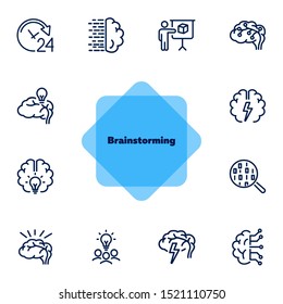 Brainstorming line icon set. Shining bulb, idea, charging. Brain work concept. Can be used for topics like intelligence, genius, IT startup