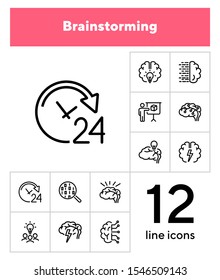 Brainstorming line icon set. Shining bulb, idea, charging. Brain work concept. Can be used for topics like intelligence, genius, IT startup