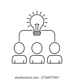 Icono de línea de lluvia de ideas. Icono de visión de línea delgada con grupo de personas y bulbo negro. símbolo efectivo de esfuerzos de lluvia de ideas y trabajo en equipo. 