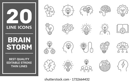 Brainstorming Line Icons Set. Brain, Creativity, Novel Idea. Editable Stroke.  EPS 10