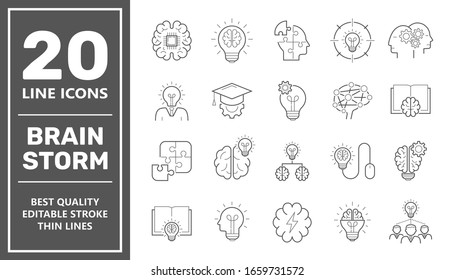 Brainstorming line icons set. Set of brainstorm icons such as Artificial light, brain, lightbulb, creativity, brainstorming, brain, creativity, novel idea, brainstorm. Editable Stroke. EPS 10