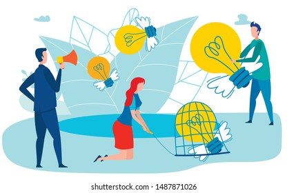 Brainstorming Metaphor Flat Vector Illustration. Cartoon People Catching Winged Lightbulbs with Butterfly Net. Ideas in Air Concept. Man with Loudspeaker Inspiring, Motivating Creative Workers