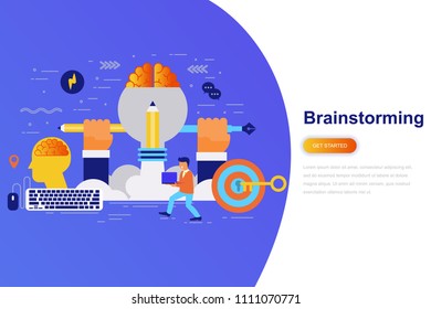 Brainstorming modern flat concept web banner with decorated small people character. Landing page template. Conceptual vector illustration for web and graphic design, marketing.