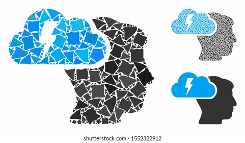 Brainstorming mosaic of ragged pieces in different sizes and color tones, based on brainstorming icon. Vector joggly pieces are organized into collage. Brainstorming icons collage with dotted pattern.