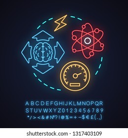 Brainstorming neon light concept icon. Analytical thinking idea. Mind mapping. Solutions searching. Glowing sign with alphabet, numbers and symbols. Vector isolated illustration