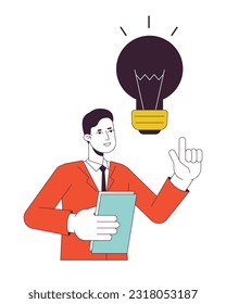 Brainstorming office employee flat line concept vector spot illustration. Male white collar worker 2D cartoon outline character on white for web UI design. Editable isolated colorful hero image