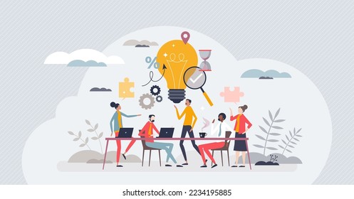 Brainstorming office team with new idea generating process tiny person concept. Creative and innovative marketing discussion and conversation vector illustration. Planning collaboration in workplace.