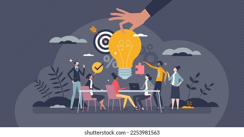 Brainstorming office team and new idea generating process tiny person concept. Creative and innovative marketing discussion and conversation vector illustration. Planning collaboration in workplace.