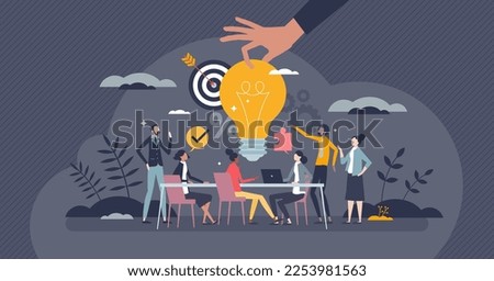 Brainstorming office team and new idea generating process tiny person concept. Creative and innovative marketing discussion and conversation vector illustration. Planning collaboration in workplace.