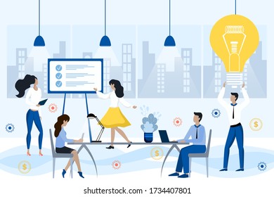 Brainstorming, office work, open work space, people analyzing graphs and information. Illustration in light blue colors, suitable for website design and presentation.