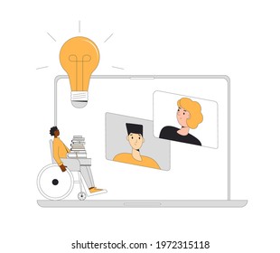 Brainstorming. Online education. Digital learning. three young men talking to each other on computer screen. Teacher and student. Internet webinar or online video training. Vector color illustration.