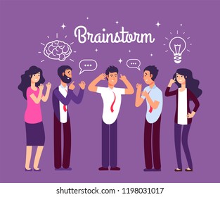 Brainstorming people. Man and woman talking and thinking. Team generates creative idea. Business meeting vector concept. Illustration of business team meeting, office group teamwork communication