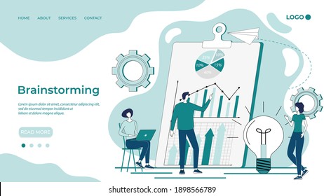 Brainstorming. People study infographics and search for ideas. Teamwork and brainstorming. Light bulb as a symbol of new ideas. Flat vector illustration. The template of the landing page.