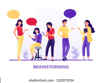 Brainstorming. People talking together. Businessmen and women discuss social networks, news. Chat, dialogue speech bubbles. Teamwork, searching for idea. Flat concept vector illustration