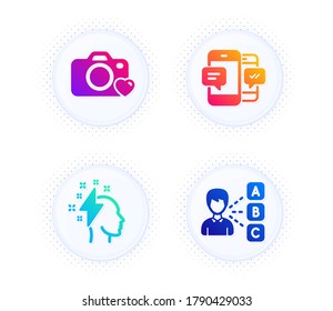 Brainstorming, Photo Camera And Smartphone Sms Icons Simple Set. Button With Halftone Dots. Opinion Sign. Lightning Bolt, Love Photos, Mobile Messages. Choose Answer. Education Set. Vector