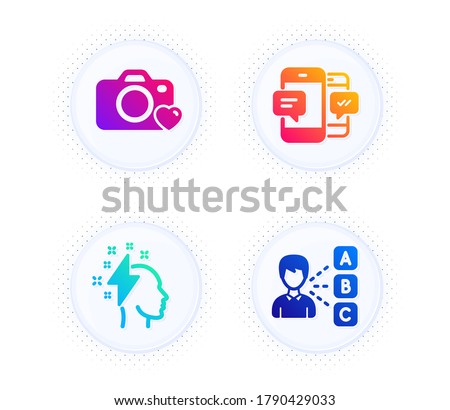 Brainstorming, Photo camera and Smartphone sms icons simple set. Button with halftone dots. Opinion sign. Lightning bolt, Love photos, Mobile messages. Choose answer. Education set. Vector