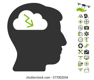 Brainstorming pictograph with bonus quadrocopter tools design elements. Vector illustration style is flat iconic eco green and gray symbols on white background.