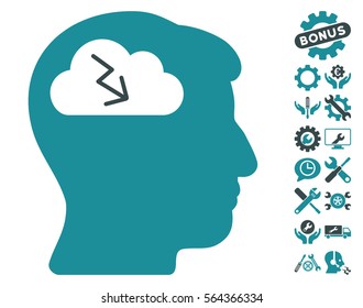 Brainstorming pictograph with bonus service pictograph collection. Vector illustration style is flat iconic soft blue symbols on white background.