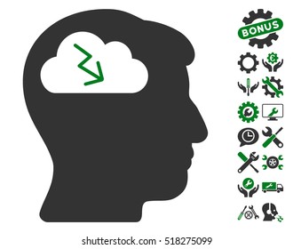 Brainstorming pictograph with bonus settings icon set. Vector illustration style is flat iconic green and gray symbols on white background.