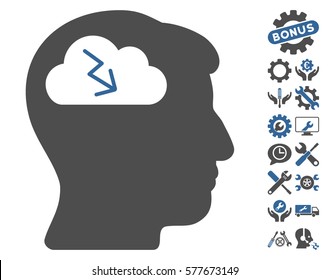 Brainstorming pictograph with bonus tools design elements. Vector illustration style is flat iconic cobalt and gray symbols on white background.