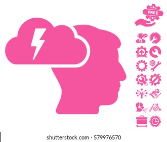 Brainstorming pictograph with bonus tools images. Vector illustration style is flat iconic pink symbols on white background.