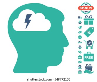 Brainstorming pictograph with free bonus design elements. Vector illustration style is flat iconic symbols, cobalt and cyan colors, white background.
