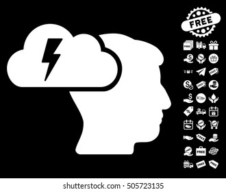 Brainstorming pictograph with free bonus icon set. Vector illustration style is flat iconic symbols, white color, black background.