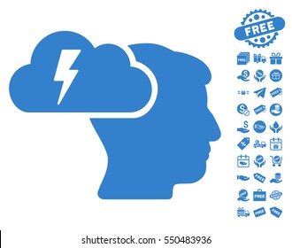Brainstorming pictograph with free bonus images. Vector illustration style is flat iconic symbols, cobalt color, white background.