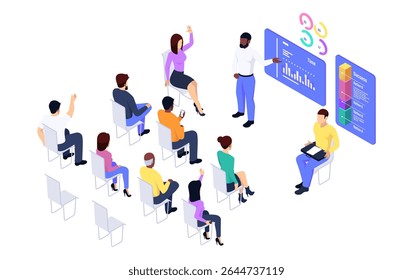 Brainstorming or pitching ideas to clients. Vector employee giving presentation with growing charts to customers or colleagues. Isometric people sitting in chairs discussing ideas on development