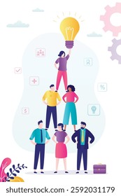 Brainstorming, pitching ideas, team success. Business people forming pyramid and holding light bulb. Multiethnic businessmen team with new innovation ideas. Business cooperation, teamwork. flat vector