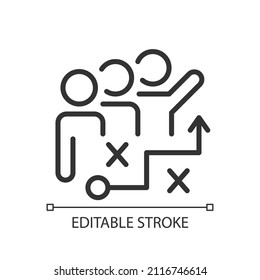 Brainstorming pixel perfect linear icon. Cooperating on planning strategy. Project roadmap. Thin line illustration. Contour symbol. Vector outline drawing. Editable stroke. Arial font used