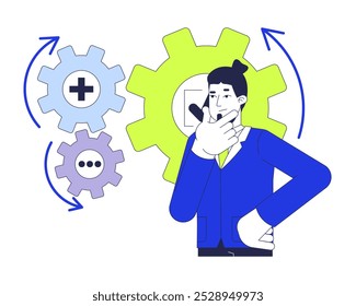 Brainstorming problem solving 2D illustration concept. Gears business analyst rubbing chin cartoon character isolated on white. Project manager critical thinking metaphor abstract flat vector graphic