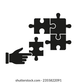 Brainstorming Process, Problem Solving, Puzzle Strategy Solution. Connect Parts of Puzzle Solid Symbol. Jigsaw and Human Hand Silhouette Icon. Team Game Glyph Pictogram. Isolated Vector Illustration.