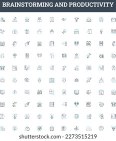 Brainstorming and productivity vector line icons set. Brainstorming, Productivity, Planning, Creativity, Ideas, Thinking, Solutions illustration outline concept symbols and signs