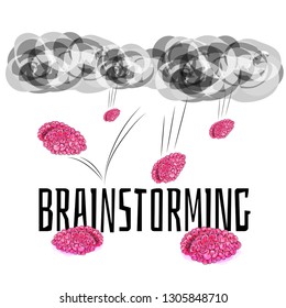 Brainstorming represented literally as brains falling from the stormy clouds in the sky, funny pun ideal for cards, apparel, etc.
