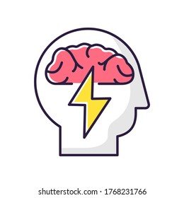 Brainstorming RGB color icon. Efficient approach to problem solving. Analytical mindset. Innovation, improvement. Psychological issue. Mental health. Human brain in head. Isolated vector illustration