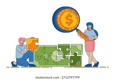 brainstorming scene with puzzle pieces representing the search for financial opportunities and profitable business ideas vector cartoon. Can be used for cartoon, website, banner, brosur, flayer