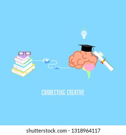 the brainstorming self development improve creative inspiration idea philosophy education concept, book connecting with intelligence brain, infographic flat vector illustration cartoon design isolated