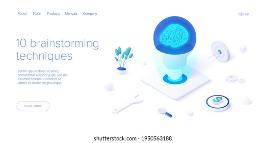 Brainstorming session concept in isometric vector illustration. Brain storm or strategic thinking as business research. Web banner template.