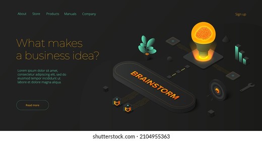 Brainstorming session concept in isometric vector illustration. Brain storm or strategic thinking as business research. Web banner template.