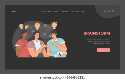 Brainstorming session concept. Team of women and man sharing ideas and discussing. Group engagement and creative thoughts exchange. Illuminating teamwork solutions. Flat vector illustration