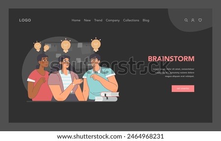 Brainstorming session concept. Team of women and man sharing ideas and discussing. Group engagement and creative thoughts exchange. Illuminating teamwork solutions. Flat vector illustration