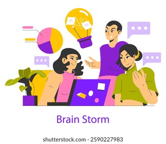 Brainstorming session with a diverse team sharing ideas and engaging in creative discussions. Elements include graphs, lightbulb moments, and interactive dialogue symbols. Vector illustration.