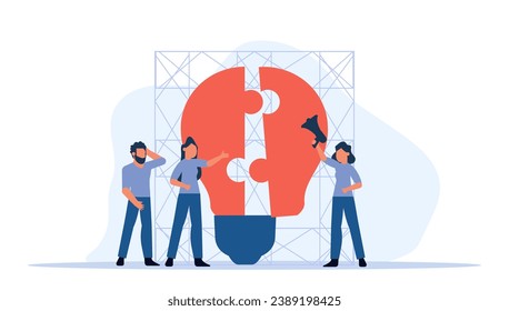 Brainstorming session led to success of the puzzle solving project, inspiring creativity vector illustration. Jigsaw puzzle pieces represent the collaborative efforts in designing the perfect solution