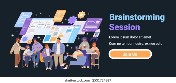 Brainstorming session team collaboration business meeting. Diverse group of people discussing ideas surrounded by floating interface elements dark background