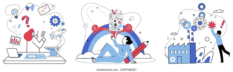 Ilustración vectorial de sesión de lluvia de ideas. Una sesión de lluvia de ideas es primavera donde la creatividad de las aguas avanza, acallando la sed de nuevas ideas Las ideas florecen como flores en el campo de pensamiento durante el