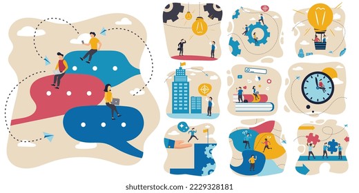 Brainstorming. Set of vector illustrations with employees, businessmen in working process. Concept of business, career development, partnership, team work, innovative business approach. Pastel colors